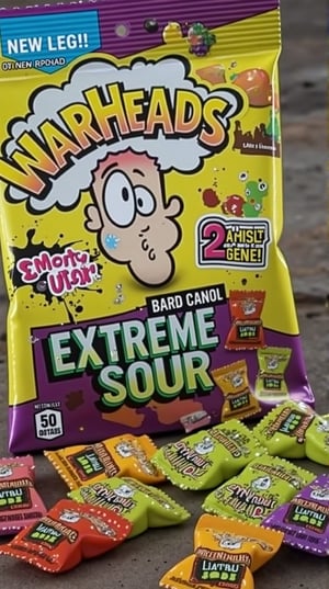 A close-up shot of a retro pouch of Warheads candies, wrapped in individual packets like tiny explosions. The sour-sweet aroma wafts out as the camera zooms in on the gummy candies' extreme narrow shapes, resembling Scaramouch's mischievous grin. 🔥🍄🌪 The background is a blurry mess of colors, like a psychedelic explosion 🚀🌈🤩. Tom Wänerstrand and James Warhola would be proud of this extreme yet yummy visual representation, captured with an intentionally grainy texture to emphasize the intense sweetness.