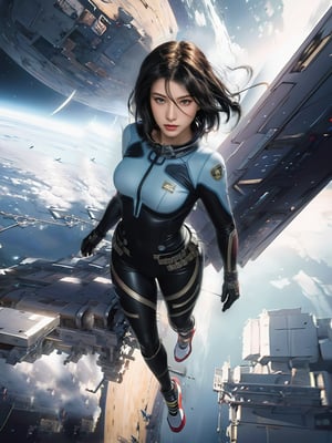 A stunning anime-inspired portrait of a futuristic space cadet girl, reminiscent of Leng Mei's style. The subject, dressed in a sleek silver suit with intricate details, soars through the sky above a cityscape at dusk. The warm glow of neon lights illuminates her determined expression as she gazes down upon the urban landscape below. Her long, flowing hair streams behind her like a celestial cloak, while the suit's metallic sheen reflects the fading light of day. Inspired by the works of Marek Okon and Alena Aenami, this sci-fi female character embodies courage and ingenuity in a world of wonder.
