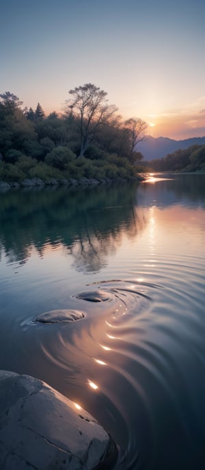 A majestic, photorealistic masterpiece of a landscape at sunset. A serene lake glistens with crystal-clear water, reflecting the vibrant hues of the sky as the sun dips below the horizon. Fine details of ripples and reeds dance across the surface, while surrounding trees stand tall, their leaves shimmering in the soft light. The ultra-detailed 8K wallpaper is a treat for the eyes, featuring an endless horizon with a subtle gradient of blue, evoking feelings of peacefulness and tranquility.