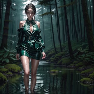 A beautiful girl standing in a forest at night, she is dressed in a completely wet and drenched water, her hair is also very wet and drenched, clothes and hair are wet, and She has short shoulders, a very thin waist and thick legs, beautiful and delicate skin,She stares with a cold look and provocative (Super detailed,ultra high resolution,detailed background)),ancient city,dark forest at night,spooky,Chill,Inspiration,1 girl,wearing a minidress、Wearing a white collared long-sleeved blouse