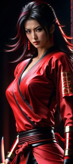 Masterpiece, Best quality, Photorealistic, Ultra-detailed, fine detail, high resolution, 8K wallpaper, In this image, a woman, Yoko Matsugane's Mai Shiranui spirit, poses against a dark, crimson-lit background, her black and red kunoichi attire accentuating the dramatic tension. Her hand, adorned with crimson lacquerware, grasps the hilt of a gleaming katana, ready to unsheathe its deadly edge. Inspired by Masamune Shirow's futuristic aesthetic, this portrait combines the stealthy power of a ninja gaiden girl with the unbridled ferocity of Dead or Alive 6's Mai Shiranui.