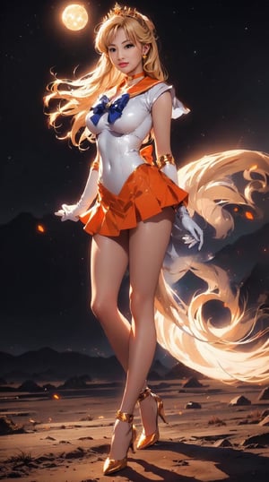 A digital niji anime style painting illustration of Sailormoon dressed as a futuristic sailor, standing confidently in a dynamic pose against a dark, starry night sky with a bright full moon illuminating the scene from the top left corner. The character has long, flowing blonde hair that appears luminous and dynamic, swirling dramatically around her body, creating a sense of motion. She wears a white bodysuit with a form-fitting design and a high neckline, accentuating her muscular build, and an orange pleated skirt with a V-shaped waistline. A large, shiny blue bow with a golden yellow star-shaped center adorns the chest, tied at the center. The outfit is complemented by white gloves that reach her upper arms, orange cuffs, and orange high-heeled shoes with glossy orange straps around the ankles. A golden crown with intricate designs and a central orange gemstone sits atop her head, adorned with small stars and leaves. She wears matching golden star-shaped earrings and a choker necklace with a small golden star pendant. The character's expression is confident and determined, with a slight smile, as she looks directly at the viewer. Soft, glowing light emanates from behind the character, creating a halo effect that highlights her figure and the flowing hair. The background features a dark, rocky terrain with scattered boulders, distant mountains, and small plants growing among them, all shrouded in shadows. Glowing orange particles resembling sparks or embers float around the character, adding to the mystical atmosphere. A few scattered rocks are visible in the foreground. The text "© MARCOOL.D" is visible in white, sans-serif font at the bottom center. The overall mood is empowering and otherworldly, with high contrast and warm hues dominating the color palette, enhancing the ethereal quality of the scene.