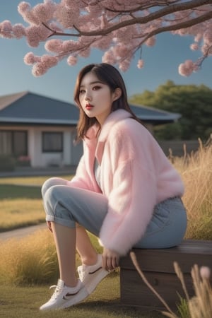 Img2Img, full body, a 24-year-old white skinned Korean woman with black eyes, early morning suburban backdrop, woman in pink furry blouse, wide angle composition, octane render with volumetric lighting, golden ratio framing, trending on ArtStation, ultra detailed with intriguing details, art by Nocturnal Wasabi, Canon EOS 90D 50mm lens at aperture F 2.5, 64K resolution, photography style