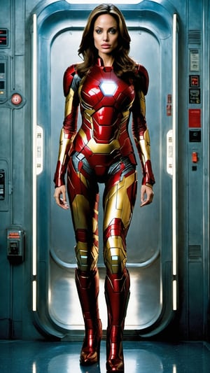  In this image, we see a close up of young angelina jolie 20 years old portraying her character female iron man from the Marvel Cinematic Universe. Her body overlaps the frane. She is leaning forward in a crouched position on what appears to be a metallic floor, her hands extended forward as if she's ready for action. She wears the Iron Man Mark 4 suit with mask off. The background features a closed door with a sign that reads "Emergency Exit". Gwyneth's focused expression and poised stance suggest she is prepared for combat or an imminent threat.,Architectural100