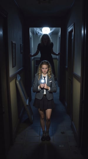 A magnificent and scary image with insane raolution. Ultra high definition image. A brave female teenager in high school blazer and skirt uniform is tip-toeing and exploring a poorly lit old haunted house with a mini  flashlight to illuminate the way infront of her. Poor visibility. Cob webs in every corner. Horrified facial expressions, an eerie shadow form lurks from behind her.