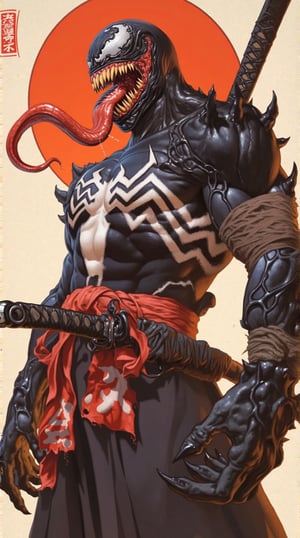 A twisted fusion of Marvel's Venom and Cthulhu. A dark, ominous shot framing a figure clad in full samurai armor, with the Venom symbiote covering its face. Inspired by Ryan Stegman's design, the costume is a menacing mix of Japanese armor and Venom's characteristic tendrils. The background is a swirling vortex of dark, watery chaos, evoking the eerie atmosphere of H.P. Lovecraft's works. Mark Brooks' attention to detail is evident in the intricate textures and folds of the armor. Textless, yet radiating an otherworldly intensity, this image captures the unholy union of Venom and Cthulhu, with all its apocalyptic implications.