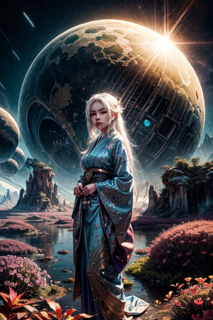 "Painting, ultra high definition, a japanese girl with long white hair and glowing blue eyes, standing on an alien planet, sunlight illuminating metallic petals, fantasy environment, vivid hues, detailed vegetation, vast alien sky, dreamlike quality, immersive landscape."
