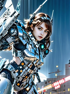 In a neon-lit cityscape, a stunning anime cyborg girl stands triumphantly, her futuristic suit gleaming with metallic sheen. She wears mechanized Valkyrie armor, its angular lines accentuating her petite frame. Her bright blue hair cascades down her back like a river of night, as she holds a sleek gun at the ready. The city's towering skyscrapers and holographic advertisements blur into the background, focusing attention on this perfect blend of human and machine: the beautiful white-haired cyborg girl.