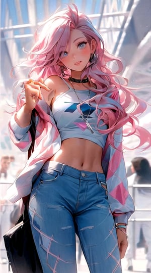 In a soft focus shot, an anime girl with striking pink hair and fitted blue jeans poses alluringly for the camera. Her long locks cascade down her back like a river of sunset hues. Inspired by Ross Tran's style, she exudes seductive charm, her facial expression a subtle blend of innocence and playfulness. Framed against a serene backdrop, her vibrant presence radiates beauty, as if plucked from a whimsical dream. The artwork is rendered in pastel colors, imbuing the scene with an ethereal quality reminiscent of Guweiz's illustrations, while maintaining the bold vibrancy characteristic of Ross Tran's style.