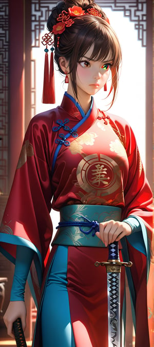 Masterpiece, Best quality, Photorealistic, Ultra-detailed, fine detail, high resolution, 8K wallpaper, In this image, a young woman is captured in a moment of intense focus and determination. She's dressed in a traditional Chinese outfit, complete with an ornate hair accessory that adds to her serious demeanor. Her right hand grips the hilt of a sword, poised for action. The background suggests an indoor setting, possibly a room adorned with cultural decorations. Her gaze is directed off to the side, and her expression is one of concentration, hinting at the challenges she might be facing or the task at hand.
