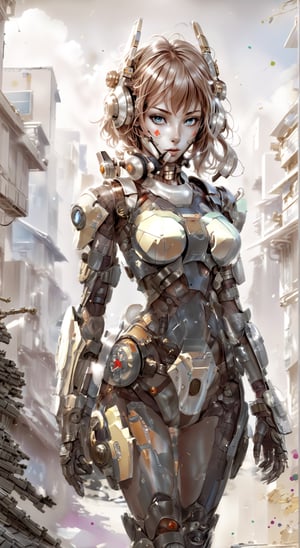 Against a desolate post-apocalyptic backdrop, a glowing cyber girl stands victorious, her cybernetic arm gleaming in the dim light. Wires and circuits entwine her, like a digital aura. Her see-through costume glimmers with intricate circuitry patterns. With a submachine gun held steady, she sports shiny light brown and orange striped short hair, framing a cute smile that radiates warmth. Her perfect round face beams with a bright, contagious happiness. Properly posed on the battlefield tabletop, she exudes balance and poise. Ultra-high quality output images showcase intricate details, delicate beauty, and realistic features: photo-realistic dream-like imagery, professional lighting, and soft shadows. Beautiful hands cradle her gun, adorned with detailed fingers that seem almost lifelike.