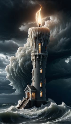 A majestic lighthouse, crafted from a mesmerizing mixture of molten wax and candlewax, stands defiantly against the turbulent forces of nature as a storm brews on the horizon. Towering storm clouds, their wispy tendrils streaked with fiery hues, threaten to engulf the coastal scene. The lighthouse's intricate structure, rendered in hyperdetailed precision, appears almost ethereal against the darkening sky and tumultuous sea, where waves crash against the rocky shore.