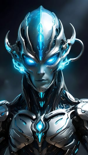 a close up of a robot with glowing blue eyes, of a beautiful female warframe, epic sci - fi character art, epic sci-fi character art, epic scifi character art, protoss, sci - fi character, attractive sci - fi face, beautiful robot character design, movie still of a alien cyborg, scifi character, warframe art, protoss!!