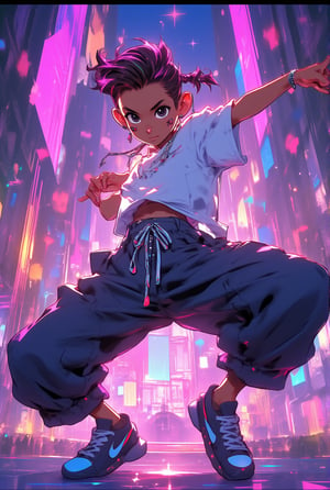 A cute anime girl performing a dynamic popping move, her body locking and popping with sharp, precise movements. Dancer wearing oversized T-shirt and baggy pants, popping dance pose, urban street style, loose-fitting clothes, vibrant colors, dynamic movement, street dance background, The background is a futuristic cityscape with neon lights. High-quality illustration, vibrant colors, detailed fabric textures. colorful illustrations, highly detailed, high resolution, in the style of digital painting, natural lighting, masterpiece, high definition, in the style of octane rendering, hyper realistic.