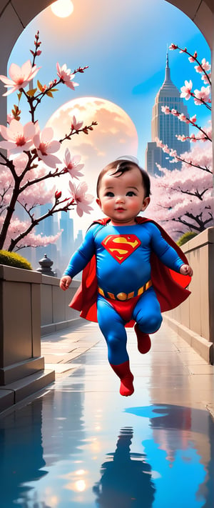 A majestic, time capsule unfurls before us, its worn, golden edges creaking with age. A tender ink wash painting of a chubby-cheeked baby Superman in blue spandex dominates the center, futuristic Gotham City in the backgound surrounded by delicate brushstrokes of modern Asian artistry. Whispers of cherry blossom petals and wispy clouds dance across the borders, as if carried on the gentle breeze of a spring morning. The capsule's parchment glows with an otherworldly luminescence, set against a rich, burnt-orange background that seems to pulse with the warmth of a crackling fire. Vibrant colors burst forth from the edges, like the first blush of dawn on a summer solstice - chromatic aberration adds a mesmerizing depth, as if we could reach out and touch the tender strokes. The overall effect is a cinematic masterpiece, a UHD-worthy still-life that defies the boundaries of time and space.