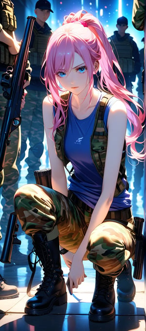 A dramatic blue-lit tableau presents an 18-year-old woman grasping a double-barreled shotgun, tightly framed within shallow depth of field. Her ponytailed pink locks cascade down her back as she crouches steadfast, shotgun aimed directly at potential intruders. Pale skin beneath rolled-up sleeves contrasts with the strength conveyed by her black bulletproof vest, body-fit shirt, camouflage pants, and military boots. Shadows dance across her unwavering face, illuminated by dim lighting that casts a sense of vulnerability amidst unyielding resolve.