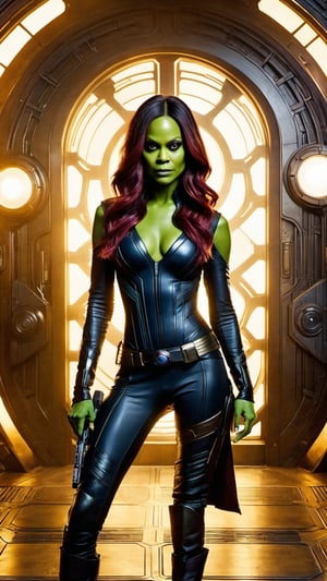 In this image, we see actress Zoe Saldana portraying her character Gamora from the Marvel Cinematic Universe. Her body overlaps the frane. She is in a crouched position on what appears to be a metallic floor, her hands extended forward as if she's ready for action. Her attire consists of a form-fitting black bodysuit with silver accents and high boots. The background features a closed door with a sign that reads "Emergency Exit". Gamora's focused expression and poised stance suggest she is prepared for combat or an imminent threat.