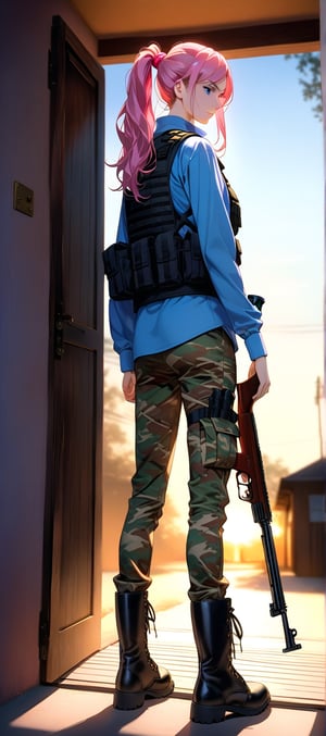 A confident young woman, 18 years old, crouches steadfast in front of her home entrance, shotgun firmly grasped in her hands, protecting her domain. Her long pink hair tied in ponytail cascades down her back, while she wears a black bulletproof vest and camouflage pants with military boots, conveying strength. Rolled-up long sleeves reveal pale skin, adding vulnerability to her determined stance. The framing is tight, centering the subject with a shallow depth of field that emphasizes her resolve. The dimly lit scene features moody blues and shadows, as she stands firm, shotgun at the ready, her expression radiating determination.