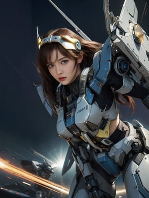 A majestic warrior maiden in cyber armor stands majestically against a dark celestial canvas, her mechanized suit glowing with an ethereal aura. The faint light of distant stars casts an otherworldly glow on her determined face and the powerful weapon she holds. Her mecha-limbs flexed in a pose of readiness, as if prepared to charge into the unknown galaxy. A stunning 8K portrait of a space-faring heroine by Fenghua Zhong.