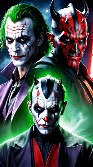 In a vibrant, digitally painted scene, The Joker, donning Darth Vader's iconic armor suit, sits in front of a bold, colorful poster featuring Joking Darth. Godrays illuminate his maniacal grin, as he poses with an air of mischief. The background is a kaleidoscope of bright hues, blending comic book-inspired colors with cinematic flair. The Joker's portrait is rendered in striking detail, capturing the essence of Jerma985's portrayal. This epic illustration brings together two legendary villains, as if to say: The joke is on you, galaxy.