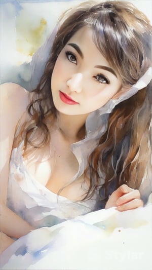 A serene digital watercolor portrait of a stunning woman, shrouded in mystery by a flowing white veil and dress. Softly lit with gentle highlights, her delicate features are set against a subtle gradient background. The elegant subject is posed with an air of innocence, as if stepping out of a dream. Artwork in the style of Guweiz, boasting vibrant colors and intricate details, this 4K digital art piece exudes a sense of whimsy and wonder.