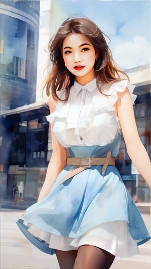 A stunning anime-inspired artwork depicts a beautiful woman in a dress strolling down a vibrant street. The attractive anime girl's long hair flows gently behind her as she walks, her captivating smile and alluring gaze drawing the viewer's attention. Wuzhun Shifan's style shines through in this gorgeous digital painting, created with Anime Painter Studio. Inspired by Guweiz's aesthetic, this piece showcases a realistic yet cute illustration of a lovely character.