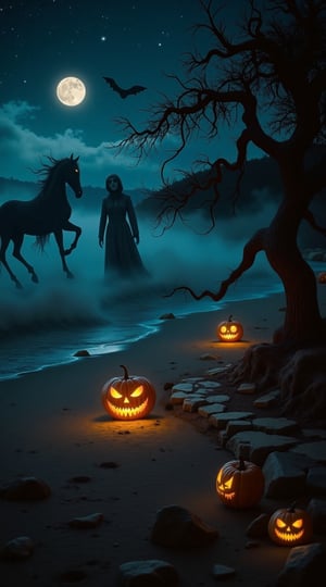 analog, creepy footage of a Halloween island beach at dusk, star-studded sky, softly glowing pumpkin lantern leading a winding rock path through the misty shore, ghostly headless horseman is standing on the sand, another ghostly figure is slowly floating towards the viewer, a hidden specter lurking behind a twisted tree, | ominous cinematic horror environment with subtle fog and moonlit highlights.