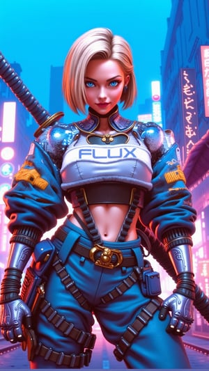 a close up of a woman in a futuristic outfit with text "FLUX" holding a baseball bat, cyberpunk anime girl mech, digital cyberpunk - anime art, cyberpunk anime girl, modern cyberpunk anime, female cyberpunk anime girl, cyberpunk anime art, anime cyberpunk art, cyberpunk 2 0 y. o model girl, very beautiful cyberpunk samurai, digital cyberpunk anime art, cyberpunk pilot fighter, futuristic cyberpunk