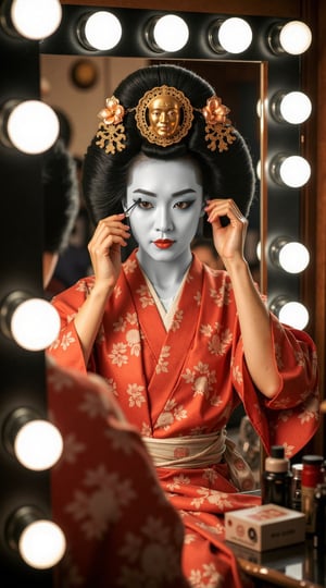 Exquisite 8K UHD shot frames the mesmerizing Japanese Kabuki actress, donning a sultry kimono and majestic black wig, meticulously applying intricate Kumadori makeup before a dimly lit mirror encircled by soft-glowing bulbs. Her porcelain doll-like complexion is illuminated by subtle highlights, accentuating her delicate features as she works her artistry.