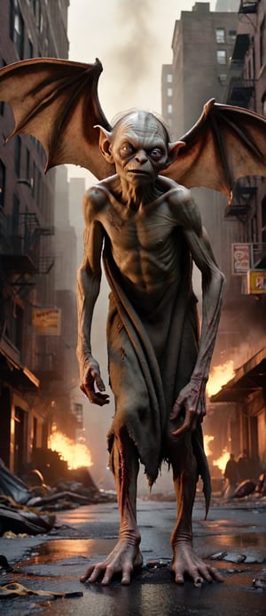 A haunting scene: Arafed zombie human bat with its wings spread open walks down a desolate street in post-apocalyptic New York, his creepy face illuminated by flickering neon signs and distant flames. In the shadows, Greta Thunberg-as-Gollum lurks, her eyes gleaming with an otherworldly intensity. Spiderman, also transformed into Gollum, crouches nearby, his grotesque features lit by a fiery glow. In the background, a 3D-rendered cityscape lies in ruins, shrouded in mist and smoke, as Jeremy Geddes' matte painting meets Chris Cunningham's global illumination. VFX mastery brings this eerie titan-Gollum to life.