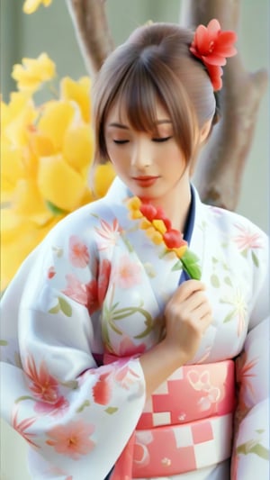 In a delicate, hand-painted composition reminiscent of Nishikawa Sukenobu's era, a serene Japanese woman wears a vibrant kimono, its intricate designs and patterns unfolding like a work of art. She holds a bouquet of cherry blossoms close to her heart, her gentle gaze lost in thought. Softly lit from above, the warm tones of the kimono are illuminated against a subtle gradient background. The overall aesthetic is one of understated elegance, as if plucked from a traditional Japanese scroll.