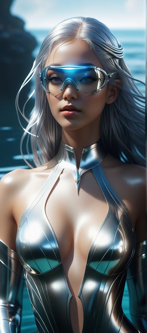 Masterpiece, Best quality, Photorealistic, Ultra-detailed, fine detail, high resolution, 8K wallpaper, In this image, a woman in a silver bodysuit standing in the water, karol bak uhd, cyberpunk robotic elvish queen, cyborg - girl with silver hair, mermaid cyborg with a laser whip, cinematic cgsociety, 3 d render character art 8 k, stunning cgsociety, ross tran 8 k, cgsociety contest winner, cgsociety 8k, cgsociety 8 k,1 girl 