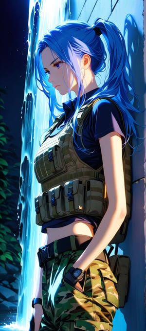 In this intense close-up, a resolute 18-year-old woman's determined expression shines bright in stark blue light, her countenance a picture of unyielding determination as she leans against the wall, assault rifle firmly grasped and aimed directly at perceived threats. Her ponytailed locks flow down her back like a verdant waterfall, contrasting with pale skin and rugged attire: bulletproof vest, black body-fit shirt, camouflage pants, and military boots. Camouflage makeup accentuates her unwavering face, illuminated by dim lighting that casts shadows across features.