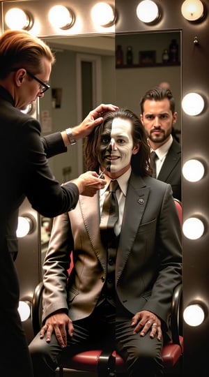 Ben Shapiro as Two-Face, suited and sans face, sits before Myra Landau's skilled hands. The dimly lit studio, reminiscent of a 1980s NYC portrait studio, provides a moody backdrop for this behind-the-scenes glimpse into the chaos of makeup application. Johnny Depp's iconic gaze gazes back at us, his eyes seemingly trapped in a perpetual struggle between good and evil. Patrick Bateman's smug smirk lurks beneath the surface, waiting to pounce. The still-life captures the drama unfolding before our eyes, as Two-Face's disfigured visage begins to take shape, a testament to the transformative power of makeup.