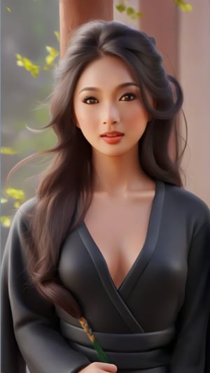 A stunning photorealistic portrait of Mulan, a beautiful Asian woman, is captured in a black dress, her delicate hands cradling a flower. Ruan Jia and Stanley Artgerm's collaboration shines with intricate details on her face, while the composition emphasizes her elegance. Soft lighting highlights the glossy finish of this digital painting, transporting the viewer to a world of beauty and wonder.