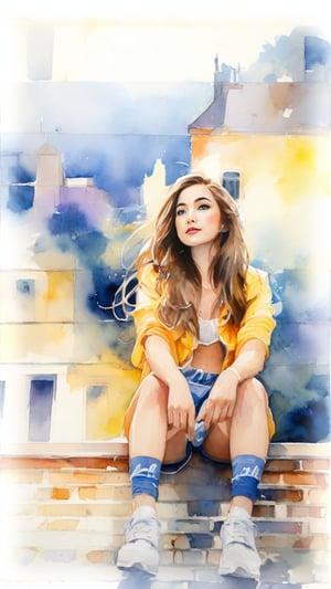 A serene watercolor-inspired digital painting depicts a lovely young woman sitting comfortably on a ledge, her legs elegantly crossed. Soft, feathery brushstrokes and delicate washes evoke the dreamy quality of traditional watercolors. The subject's features are rendered in gentle, nuanced tones, exuding quiet confidence and poise. A subtle background subtly underscores the tranquility of the scene, while the overall composition showcases a beautiful blend of softness and subtlety.,wtrcolor style