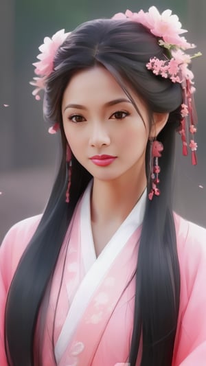 A close-up shot of an ancient Chinese princess, adorned with long flowing hair and a stunning pink hanfu dress, evokes the style of Guweiz's artwork. The subject, a beautiful young woman in traditional Chinese attire, sits regally amidst ornate palace settings, bathed in soft, golden light. Inspired by the likes of Yun Du-eso, Lan Ying, and Zhang Yan, this exquisite digital painting captures the essence of Chinese culture and beauty.