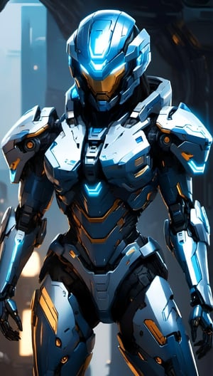 a close up of a robot in a futuristic suit standing in a room, mecha suit, hard surface concept art, hardsurface armour, full body mecha suit, hq 4k wallpaper, girl in mecha cyber armor, mjolnir armor from halo infinite, covered in full metal armor, mecha armor, mech suit, intricate glowing mecha armor