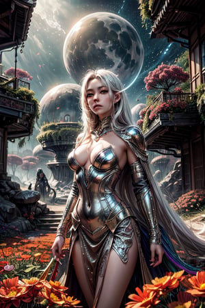 "Painting, ultra high definition, a japanese girl with long white hair and large red flowers, yellow eyes, standing on an alien planet, sunlight illuminating metallic petals, fantasy environment, vivid hues, detailed vegetation, vast alien sky, dreamlike quality, immersive landscape."