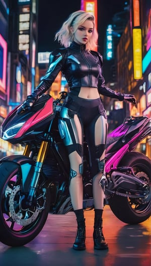 arafed woman in a black leather outfit standing next to a motorcycle, sitting on cyberpunk motorbike, cyberpunk 2 0 y. o model girl, hyper-realistic cyberpunk style, cyberpunk vibes, cyberpunk art style, in cyberpunk style, style of cyberpunk, style of cyberpunk 2 0 7 7, cyberpunk style, cyberpunk aesthetics, cyberpunk vibe, has cyberpunk style