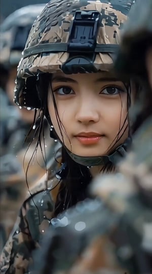 A rain-soaked military training ground, the sounds of gunfire and footsteps muffled by the downpour. In the midst, a stunning female soldier, Cheng Yi, stands out in her uniform and helmet, her mechanized assault rifle at the ready. Her porcelain-like complexion glows despite the rain, her bright eyes shining like beacons through the gloom. Her facial features are chiseled, her jawline defined, her lips painted with precision, framing a radiant smile that defies the somber atmosphere. The rain-soaked earth and misty veil create an eerie backdrop for this beautiful soldier girl's portrait.