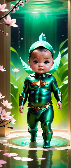 A majestic, time capsule unfurls before us, its worn, golden edges creaking with age. A tender ink wash painting of a chubby-cheeked baby Aquaman in green scaly spandex dominates the center, futuristic Gotham City in the backgound surrounded by delicate brushstrokes of modern Asian artistry. Whispers of cherry blossom petals and wispy clouds dance across the borders, as if carried on the gentle breeze of a spring morning. The capsule's parchment glows with an otherworldly luminescence, set against a rich, burnt-orange background that seems to pulse with the warmth of a crackling fire. Vibrant colors burst forth from the edges, like the first blush of dawn on a summer solstice - chromatic aberration adds a mesmerizing depth, as if we could reach out and touch the tender strokes. The overall effect is a cinematic masterpiece, a UHD-worthy still-life that defies the boundaries of time and space.