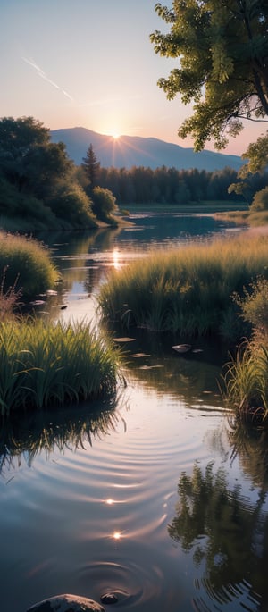 A majestic, photorealistic masterpiece of a landscape at sunset. A serene lake glistens with crystal-clear water, reflecting the vibrant hues of the sky as the sun dips below the horizon. Fine details of ripples and reeds dance across the surface, while surrounding trees stand tall, their leaves shimmering in the soft light. The ultra-detailed 8K wallpaper is a treat for the eyes, featuring an endless horizon with a subtle gradient of blue, evoking feelings of peacefulness and tranquility.