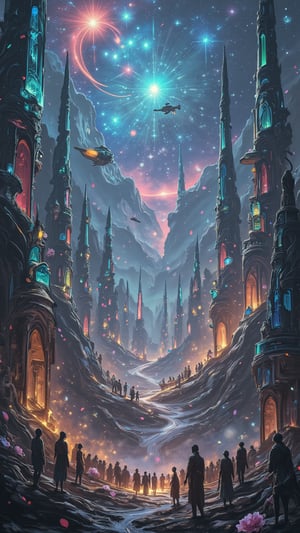 In the midst of interdimensional cataclysm, a mesmerizing scene unfolds: Xandar K31's luminous spires entwine with Earth 103's radiant megastructures, bathing both worlds in an ethereal glow. Against this eerie backdrop, diverse alien species gather in grand halls on Earth 103, their iridescent scales and feathers aglow under soft starlight. Amidst the destruction, gleaming spacecraft soar through the cosmos, while artistic and scientific pursuits thrive on Xandar K31, illuminated by a kaleidoscope of celestial hues. The camera frames the scene from above, capturing the swirling vortex where dimensions collide, as alien delegates share knowledge and artifacts in an interdimensional symposia.