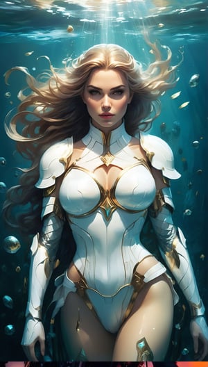a woman in a white bodysuit is standing under water, artgerm julie bell beeple, glossy white armor, portrait of mermaid warrior, white armor, epic exquisite character art, armor girl, karol bak uhd, stunning character art, girl in knight armor, sleek white armor, sleek bright white armor, in white futuristic armor, beautiful female knight