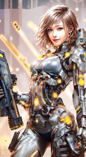 Against a desolate post-apocalyptic backdrop, a glowing cyber girl stands victorious, her cybernetic arm gleaming in the dim light. Wires and circuits entwine her, like a digital aura. Her see-through costume glimmers with intricate circuitry patterns. With a submachine gun held steady, she sports shiny light brown and orange striped short hair, framing a cute smile that radiates warmth. Her perfect round face beams with a bright, contagious happiness. Properly posed on the battlefield tabletop, she exudes balance and poise. Ultra-high quality output images showcase intricate details, delicate beauty, and realistic features: photo-realistic dream-like imagery, professional lighting, and soft shadows. Beautiful hands cradle her gun, adorned with detailed fingers that seem almost lifelike.