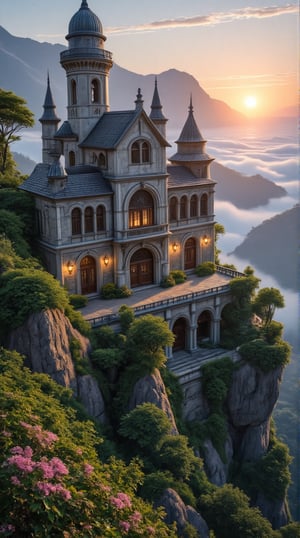 Here is a prompt for the image:

A mystical, pixel art masterpiece of a forbidden castle perched high atop a mist-shrouded mountain range, bathed in soft, natural light that accentuates the intricate textures and hyperrealistic details (1.15) on the stone walls and turrets. The skin tones of the subjects are rendered with stunning realism, with subtle wrinkles and pores visible under gentle, rim lighting. As the sun dips low, the castle's rugged façade is illuminated by a warm, back light, casting a sense of mystique and foreboding. In the background, the blurred mountain peaks fade into a misty haze, adding to the surreal, dreamlike quality. This cinematic, high-contrast scene features vivid colors, precise reflections, and photorealistic rendering, with a subtle bloom effect giving the image a touch of hyperrealism (1.2). SFW.