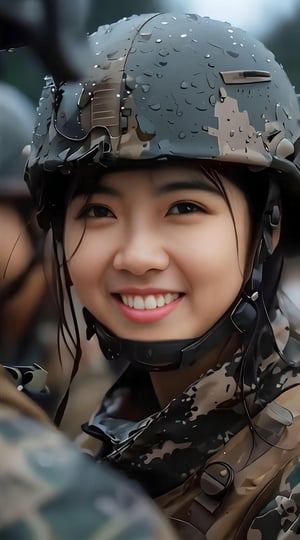 Mechanized soldier girl posing confidently for the camera, donning a crisp military uniform and beaming with a warm, lovely smile. The close-up portrait shot captures her radiant expression, as she gazes directly into the lens. Her bright eyes sparkle with pride, framed by a subtle highlight on her cheekbone. The soft focus background subtly accentuates her features, creating an intimate connection with the viewer.