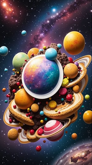 In this stunningly vibrant and whimsical artwork, a cake takes center stage as a galaxy unto itself, adorned with an assortment of candy planets in varying hues and shapes. The planets, some resembling miniature versions of our own solar system bodies, float effortlessly above the cake's surface, as if suspended by an unseen force. A sprinkle of colorful galaxies and stars adds to the celestial wonderland, while Beeple's signature hyperrealism creates a sense of depth and dimensionality. The overall effect is nothing short of a sugary surrealist masterpiece.