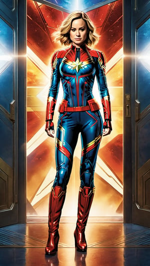 In this image, we see a close up of actress Brie Larson portraying her character as Carol Danvers (Captain Marvel) from the Marvel Cinematic Universe. Her body overlaps the frane. She is in a crouched position on what appears to be a metallic floor, her hands extended forward as if she's ready for action. Her attire consists of a form-fitting black bodysuit with silver accents and high boots. The background features a closed door with a sign that reads "Emergency Exit". Danvers' focused expression and poised stance suggest she is prepared for combat or an imminent threat.imminent threat.